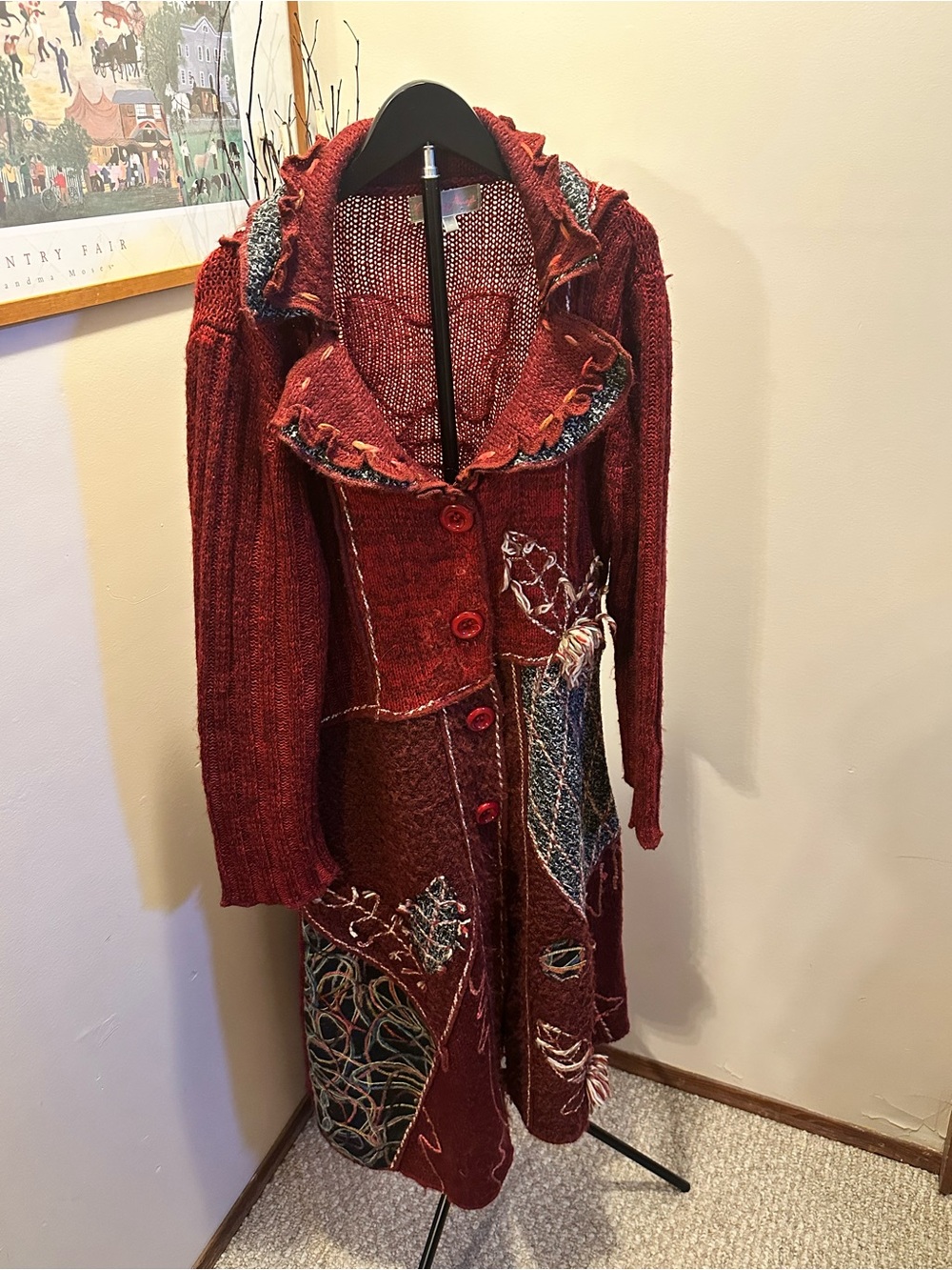 Pretty Angel Vintage Red Patchwork Knit  Long Sleeve Duster